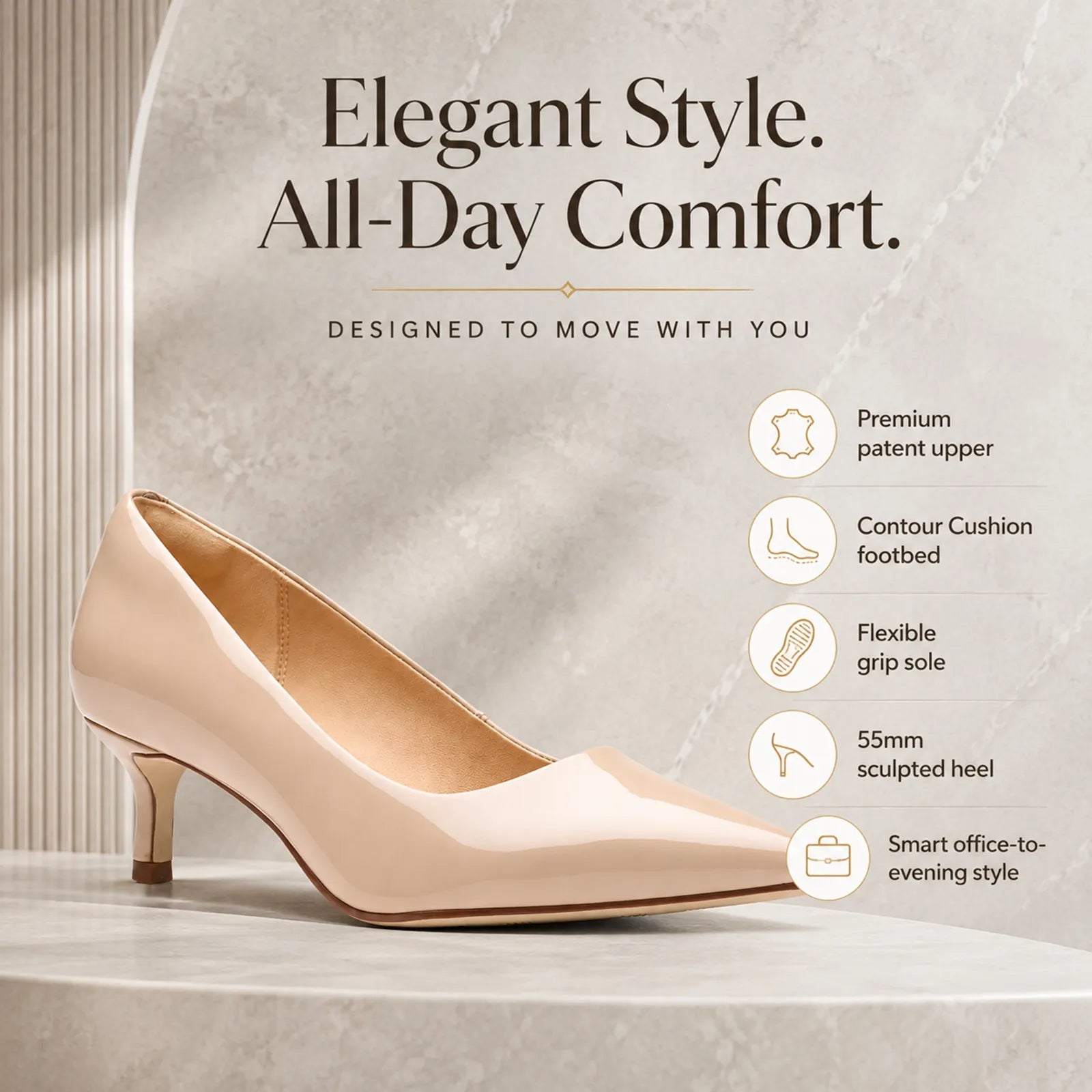 Women's sand patent leather pointed-toe court heels with sculpted mid heel