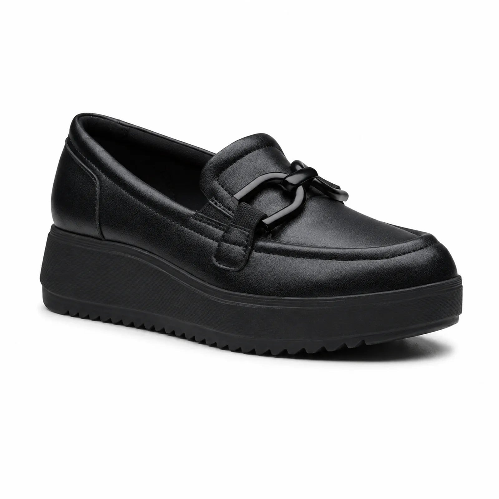 Black leather platform loafer with front strap and cushioned collar