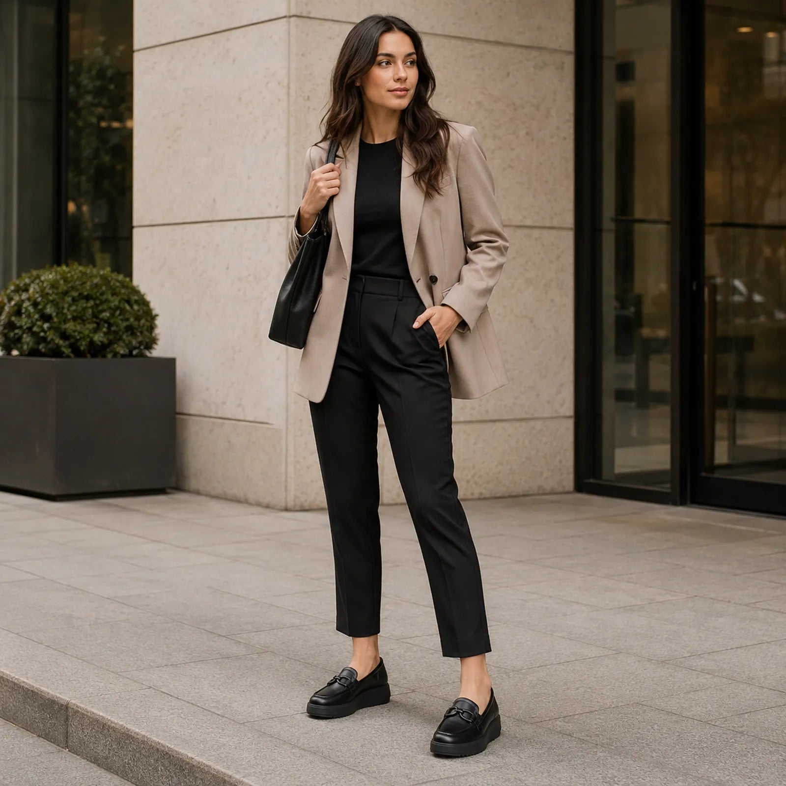 Black leather platform loafers on person with ankle-length trousers