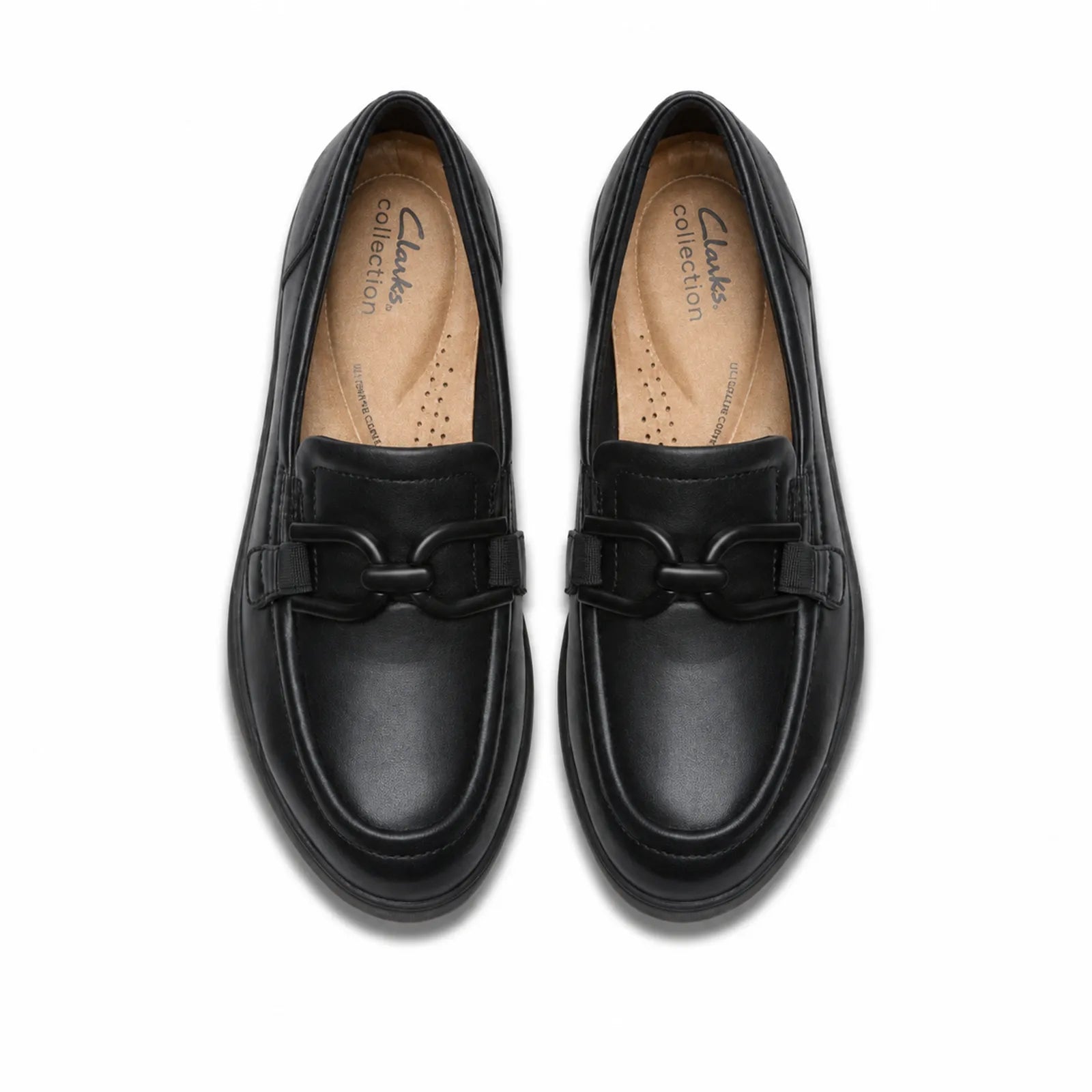 Black leather loafer pair with strap detail and tan footbed