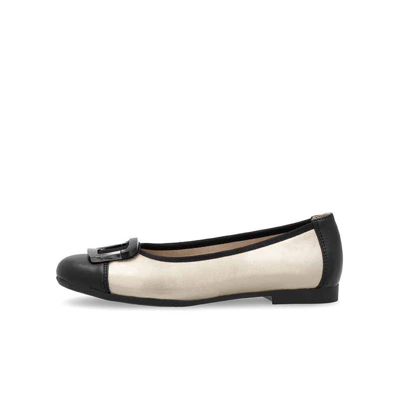 Women's cream and black flat pumps with front strap and low heel