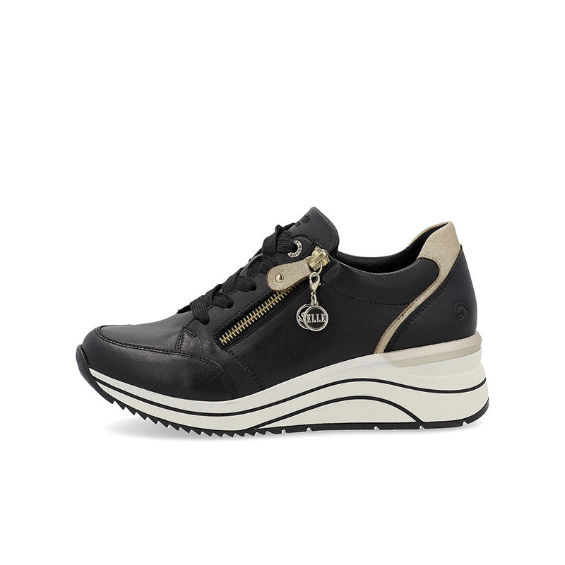 Black women's platform sneakers with lace-up front and side zip with charm