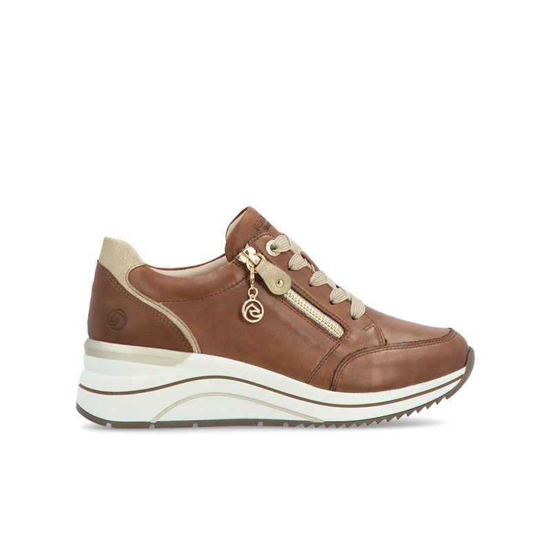 Brown women's sneakers with side zip, lace-up front, and gold-tone charm