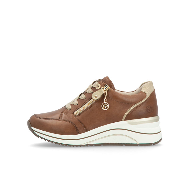 Brown women's platform sneakers with lace-up front and side zip charm