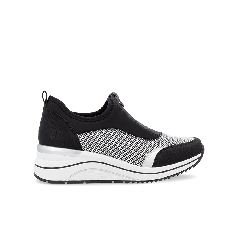 Women's outdoor sneakers with mesh panel, black and gray, chunky white sole