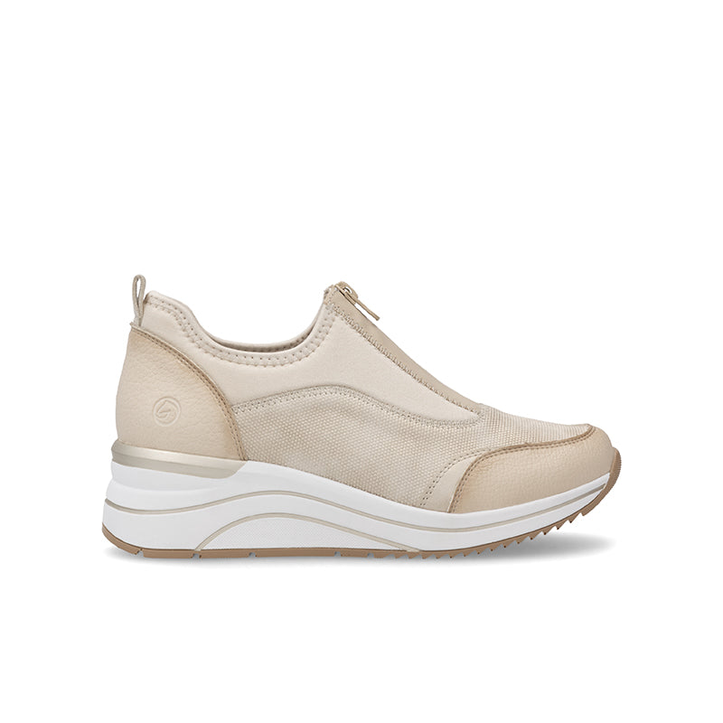 Women's outdoor sneakers with mesh panel, beige upper and chunky white sole