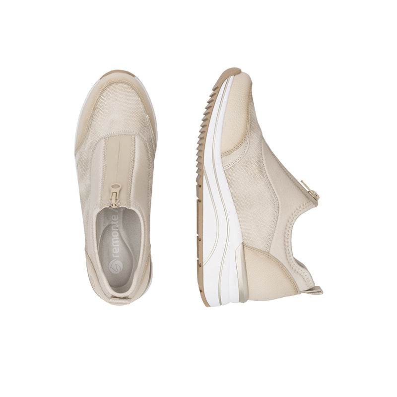 Light beige and white outdoor sneakers with mesh upper and side zipper pull