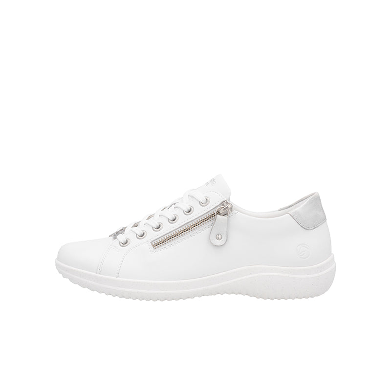 White sneakers with side zipper, lace-up front, low-profile sole