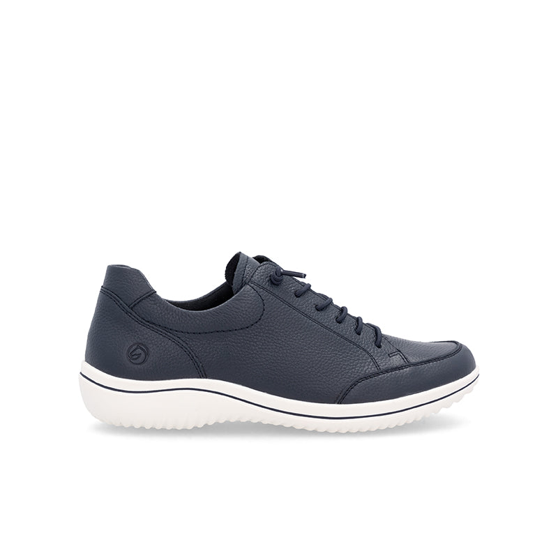 Blue lace-up sneakers with white rubber sole and padded collar