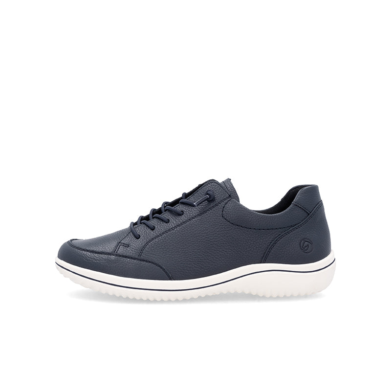 Navy lace-up sneakers with low profile design and white midsole