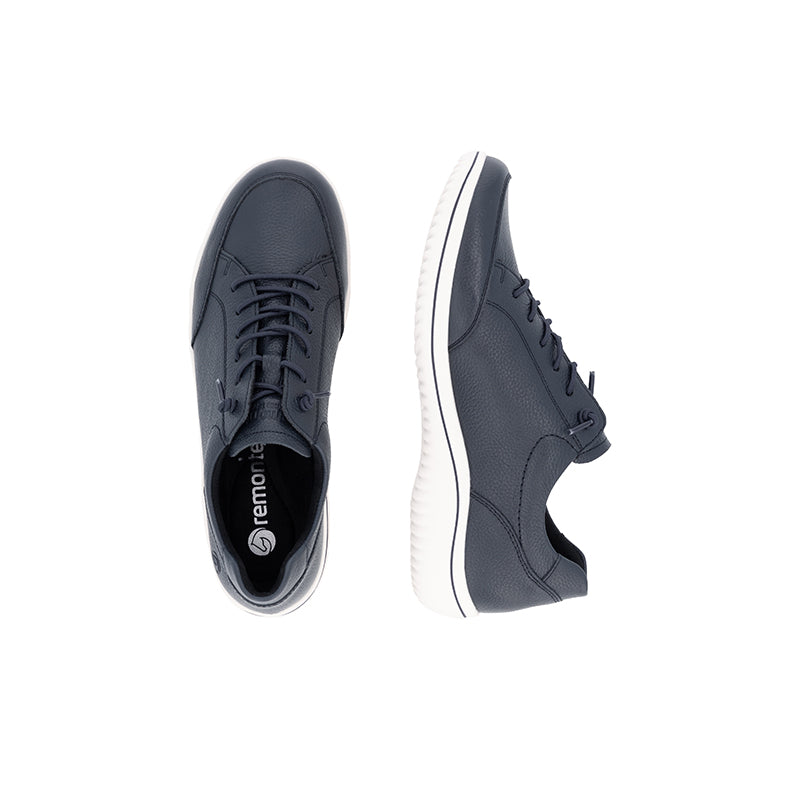 Navy sneakers pair with lace-up closure and contrast white midsole