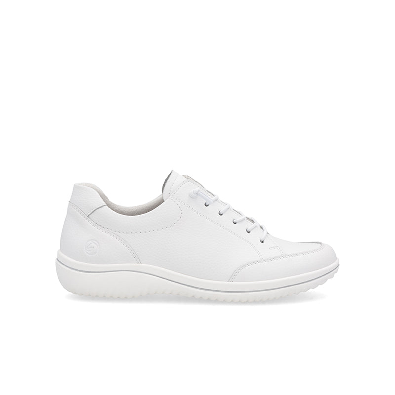 White lace-up sneakers with smooth leather-look upper and white rubber sole
