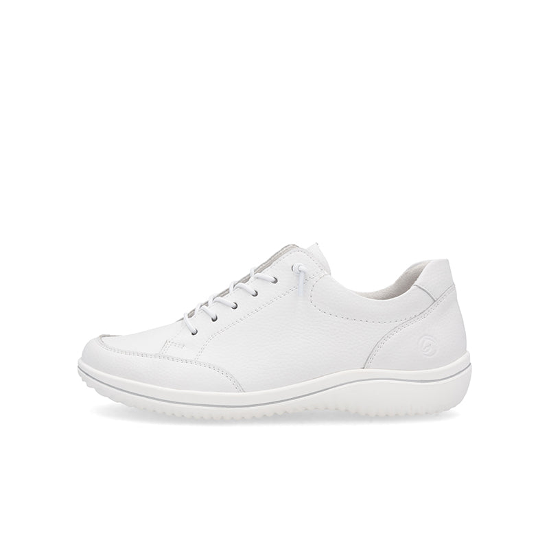 White lace-up sneakers with textured upper and white rubber sole