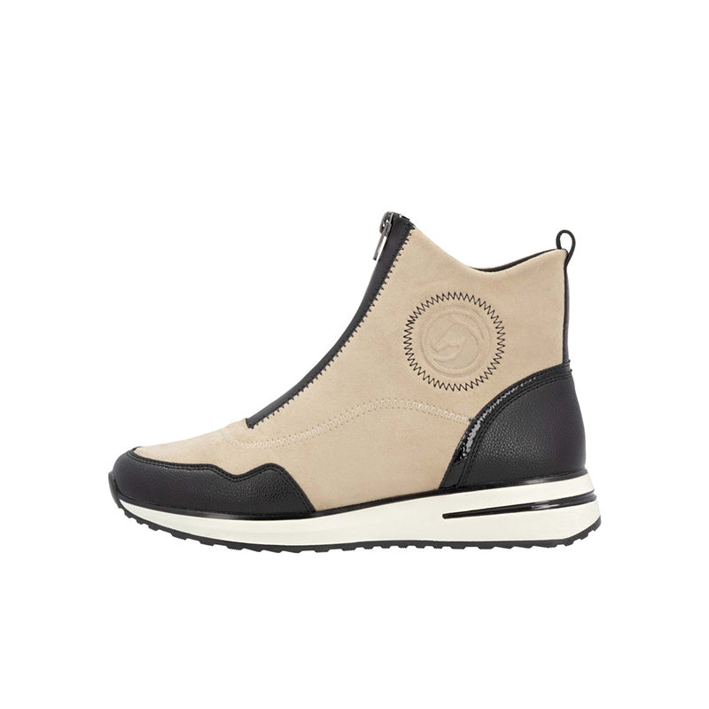 Beige women ankle boots with side zip, logo patch, and white midsole
