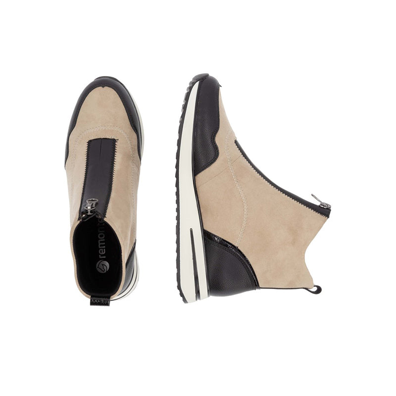 Beige suede-look ankle boots with side zip and dark heel panel