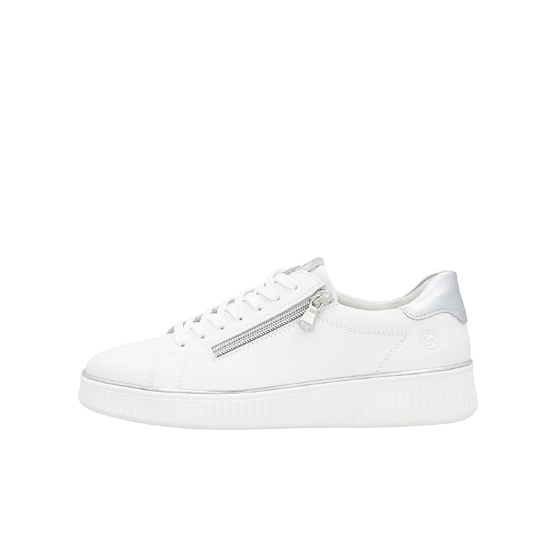 White low-top sneakers with side zip detail and lace-up front, cushioned sole