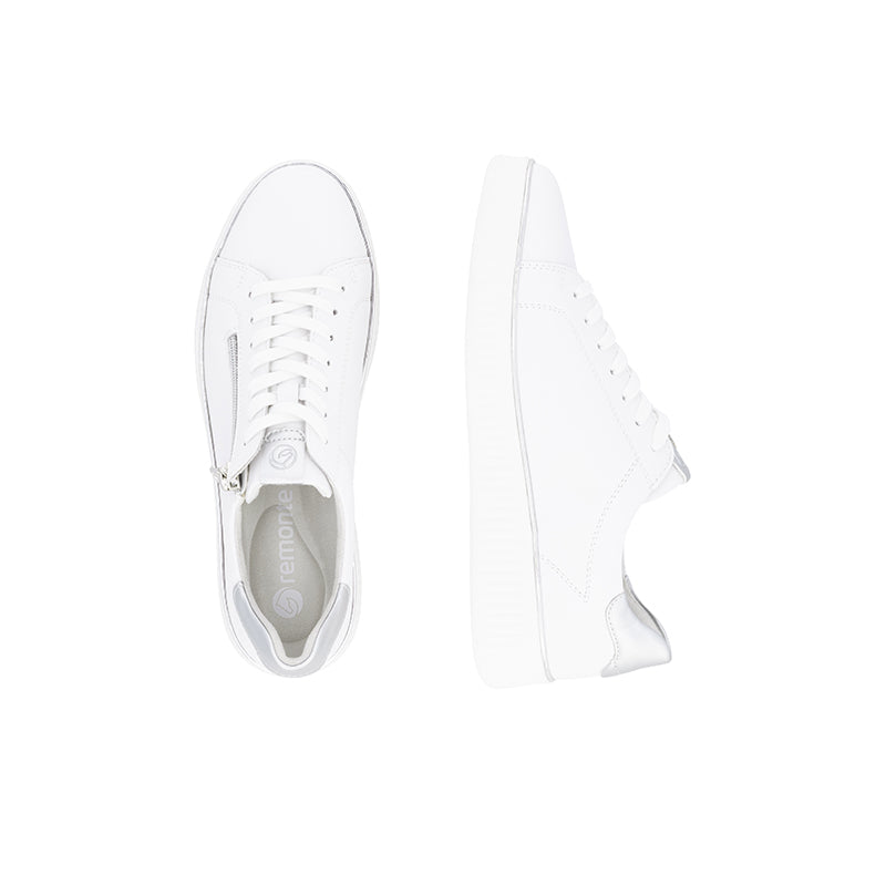 White sneakers pair shown from top and side, lace-up with side zip