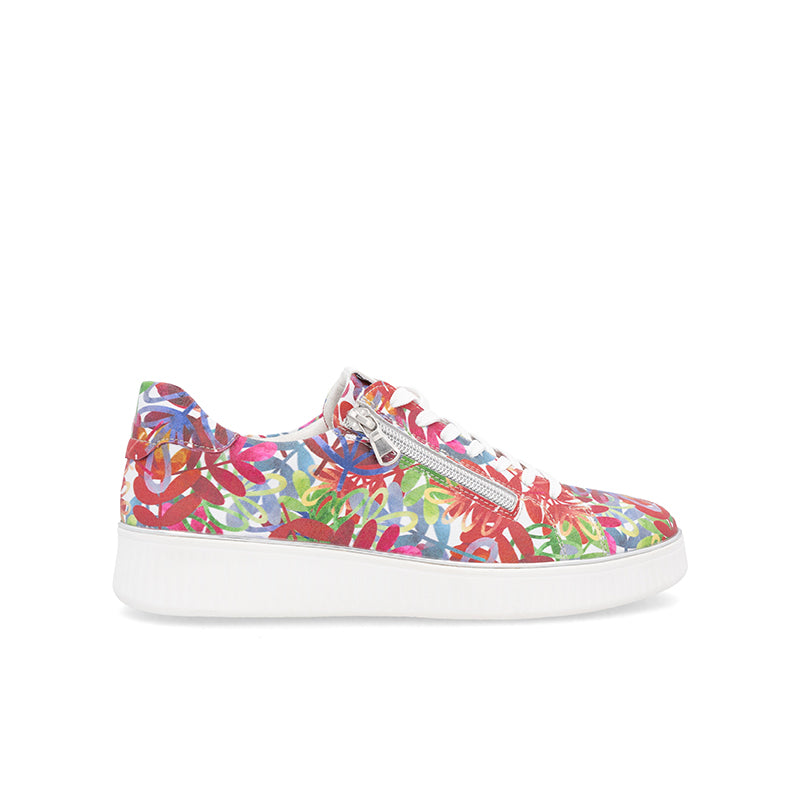 Rieker multicolor floral low-top sneakers, lace-up and side zipper, white sole