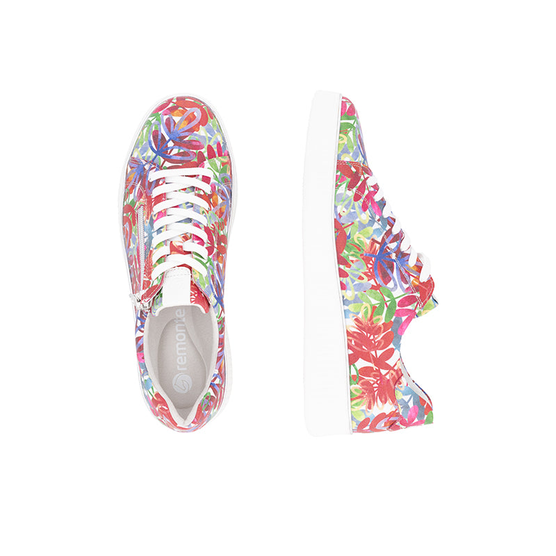 Rieker multicolor floral sneakers with laces, front and side views