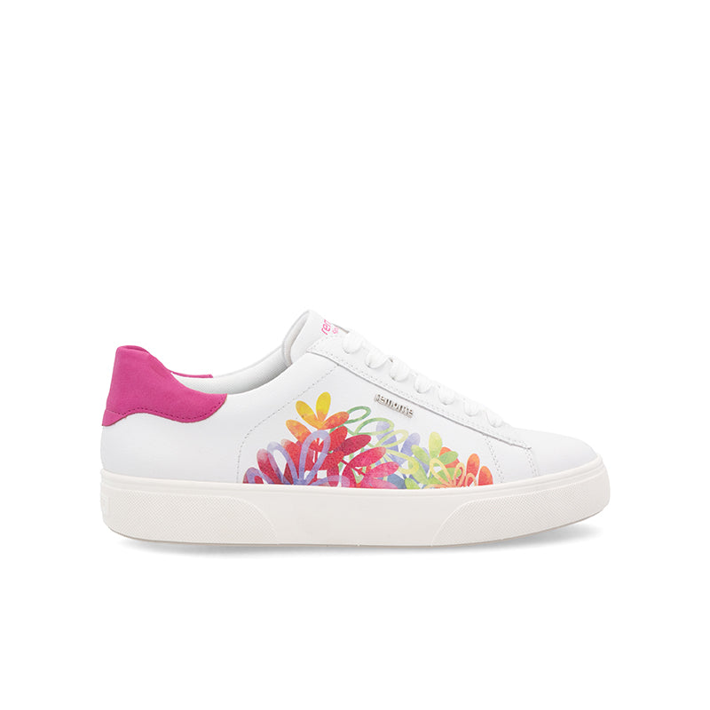 White lace-up sneaker with colorful floral graphic and magenta collar panel.