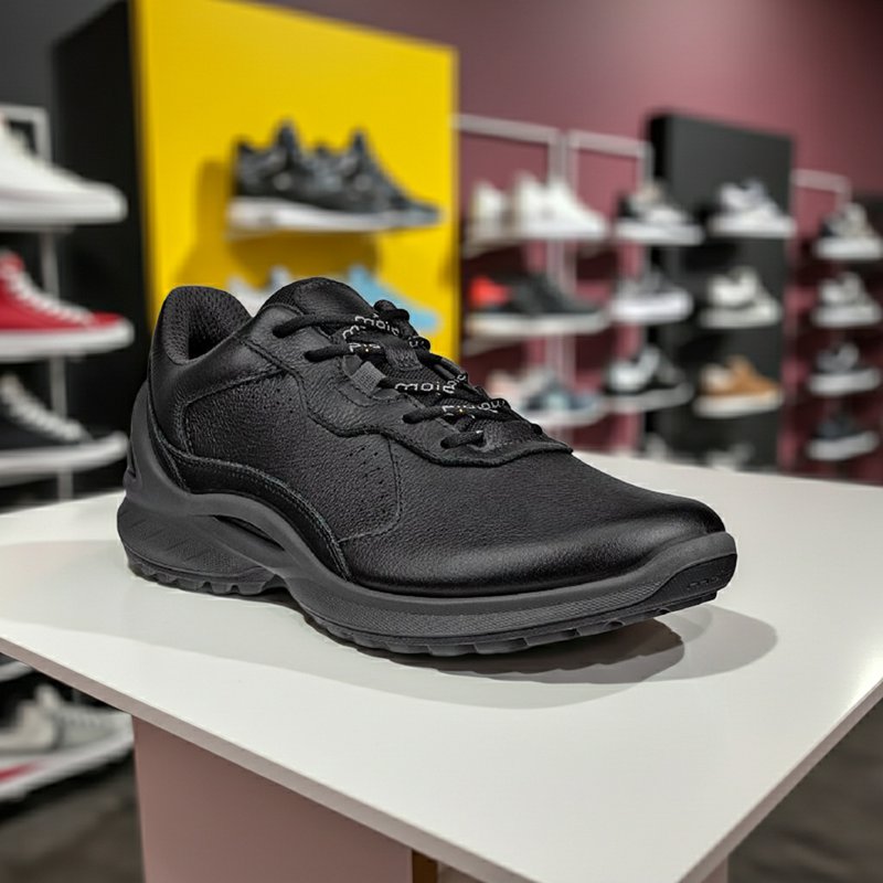 Black leather lace-up womens sneaker on display, textured upper and thick sole