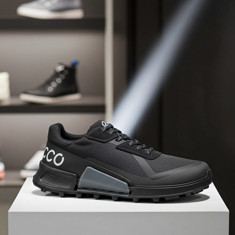 ECCO Biom 2.1 men's black sneakers with mesh upper and raised protective toe
