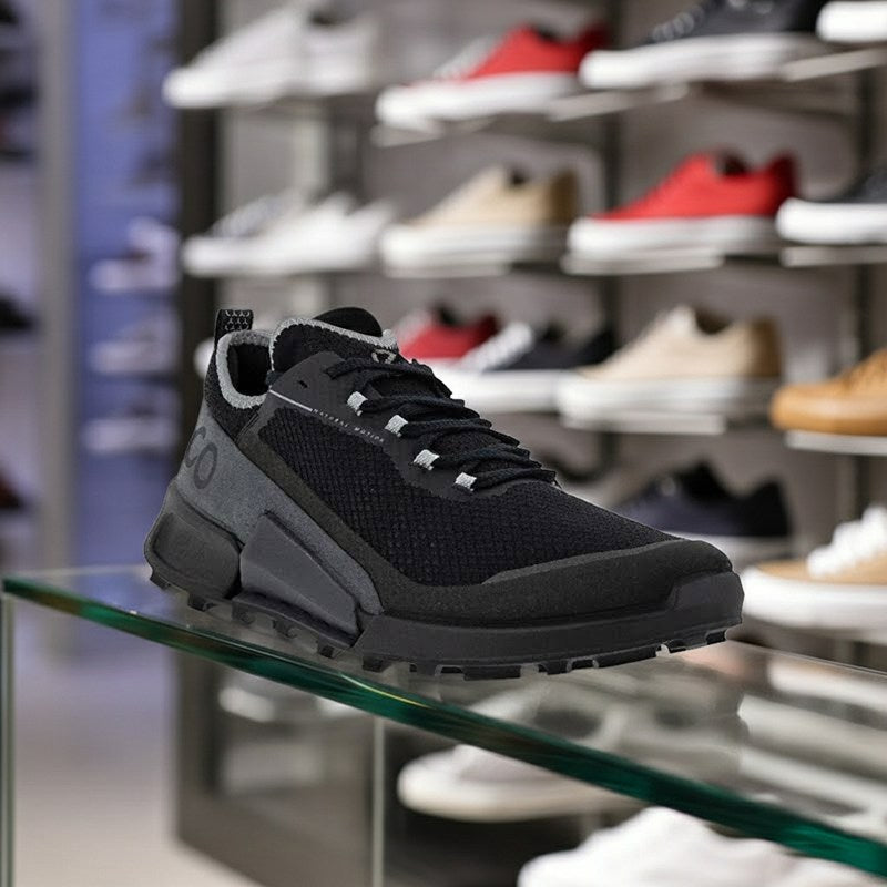 Black men's trail sneakers displayed on a store shelf