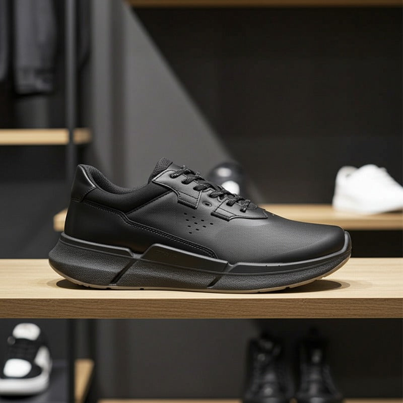 Black men's lace-up sneakers on a store shelf