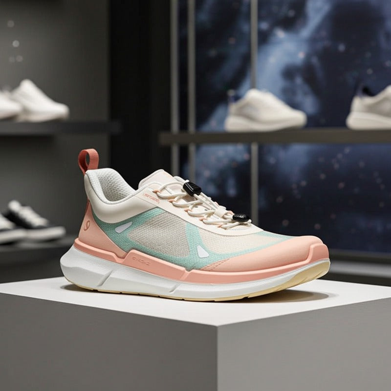 ECCO Biom 2.2 lace-up sneakers with cream laces, mint panels, and orange-toned sole