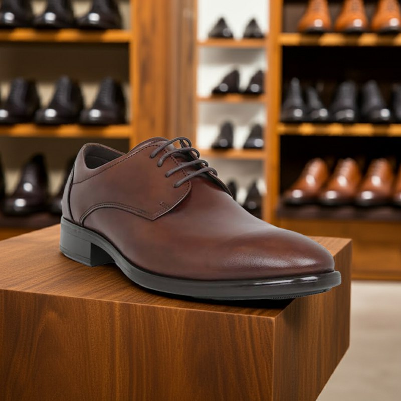 Men's leather derby shoes, brown lace-up with contrast sole, front three-quarter view
