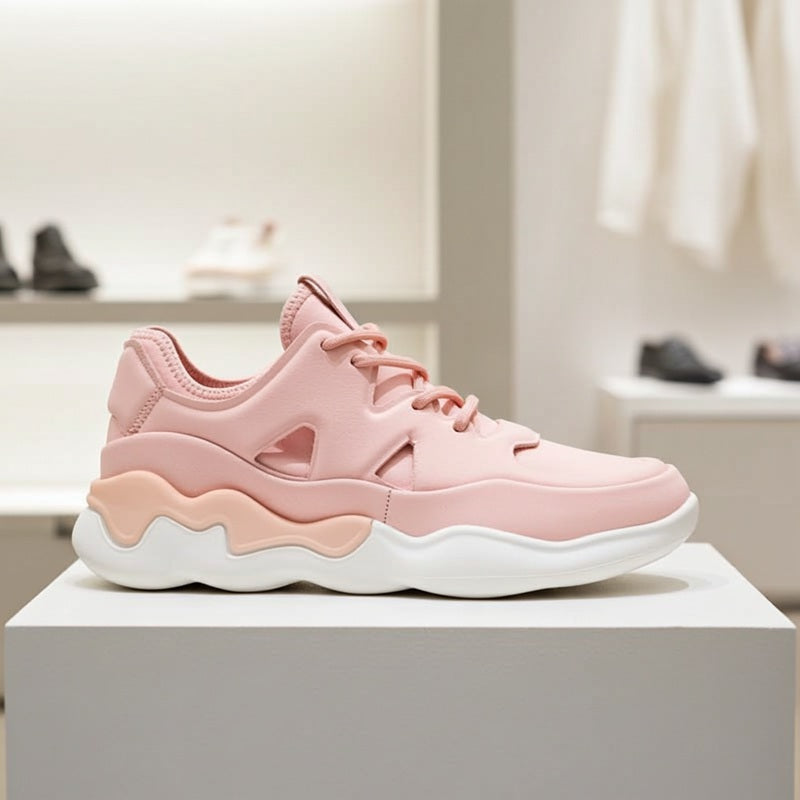 Pink leather lace-up sneakers with sculpted sole and rear pull tab