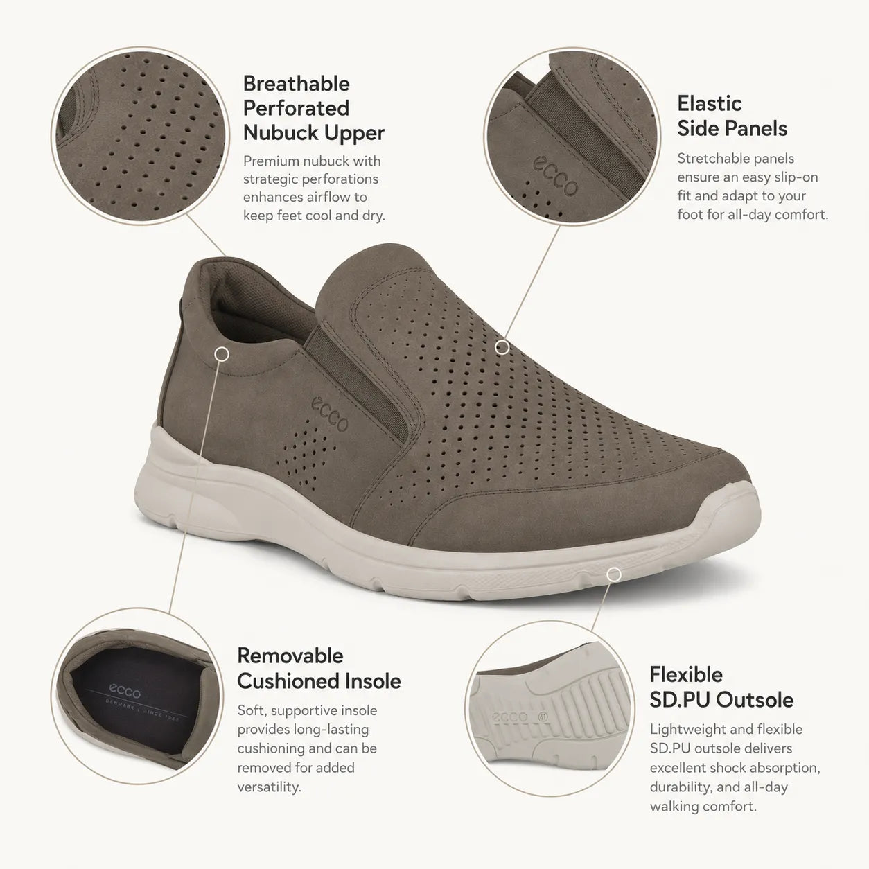 Men's slip-on low shoes in dark green nubuck with perforated upper and wide side panels
