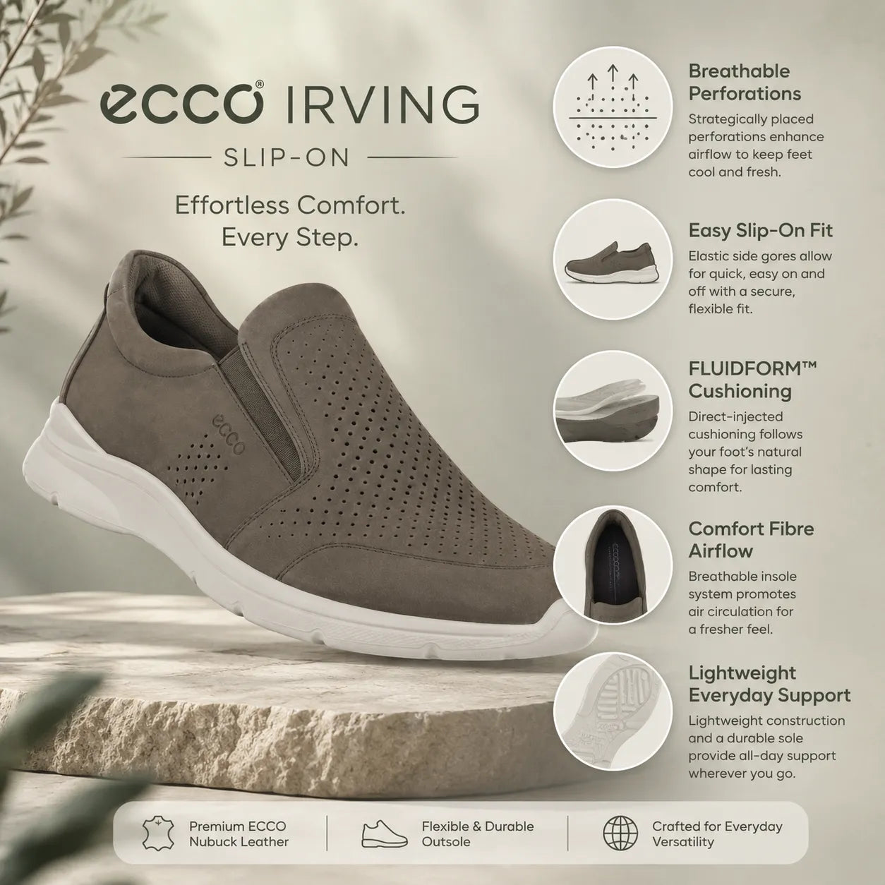ECCO Irving slip-on low shoes, dark green nubuck with perforated forefoot and side gore