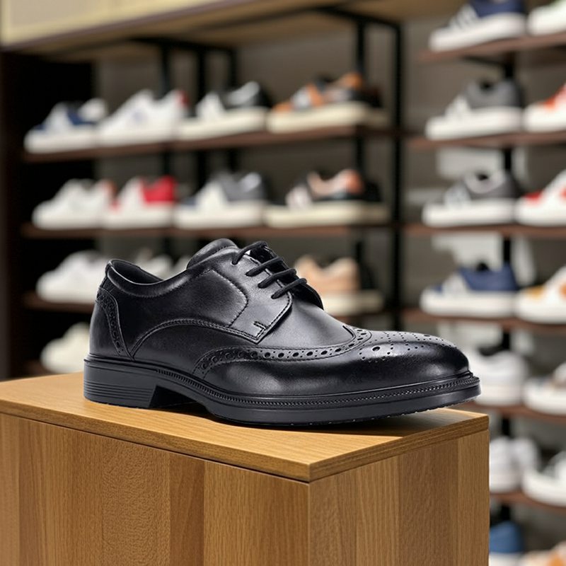Men's black leather lace-up formal shoes with brogue perforations