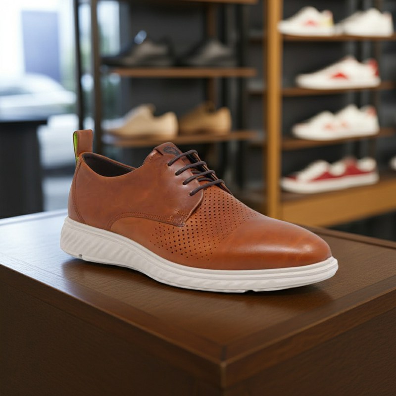 Men's brown leather derby shoes with lace-up and perforated toe
