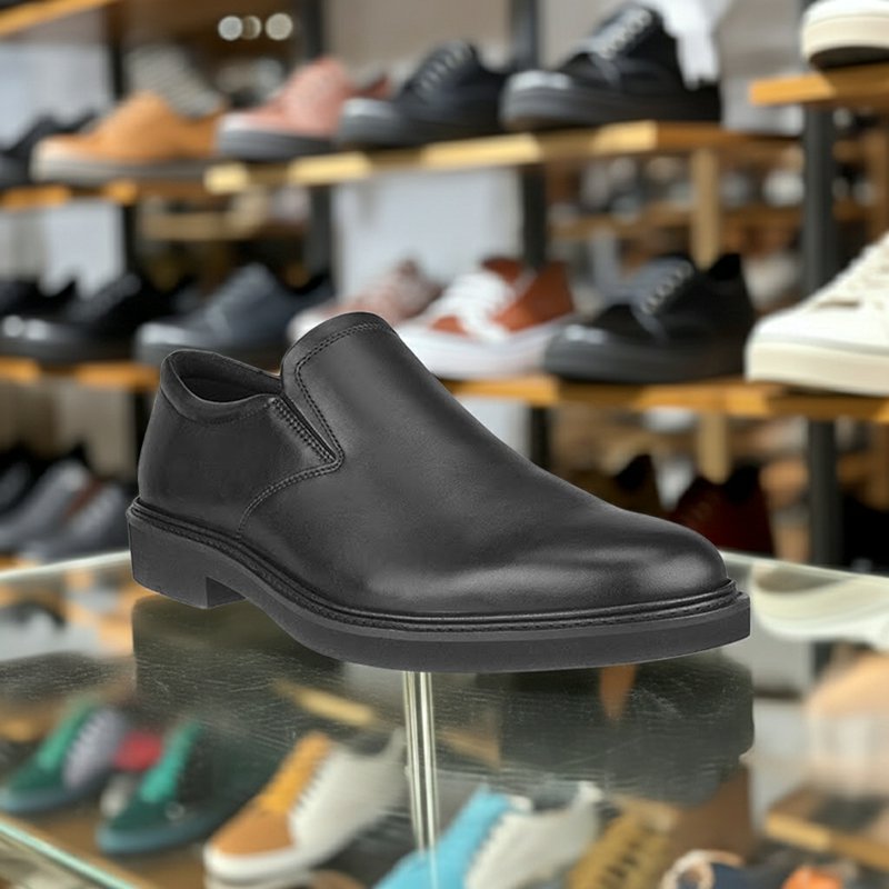 Men's black leather slip-on dress shoe with low heel and stitched seams
