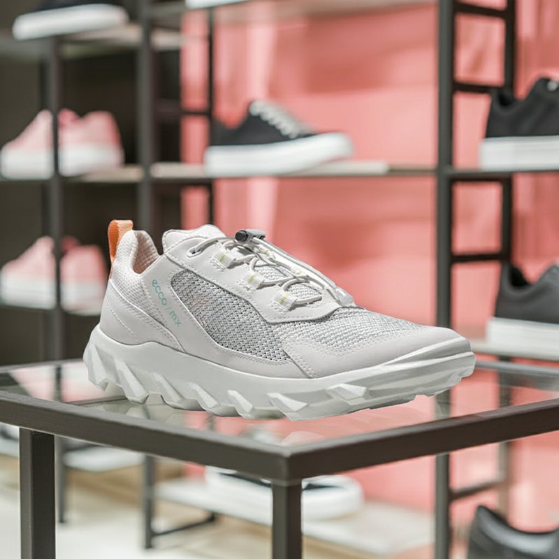 White lace-up sneaker on display shelf, mesh upper and chunky outsole