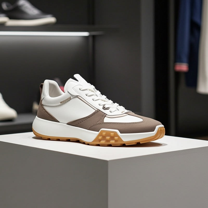 Men's casual leather sneakers, white and brown with lace-up closure and tan gum tread