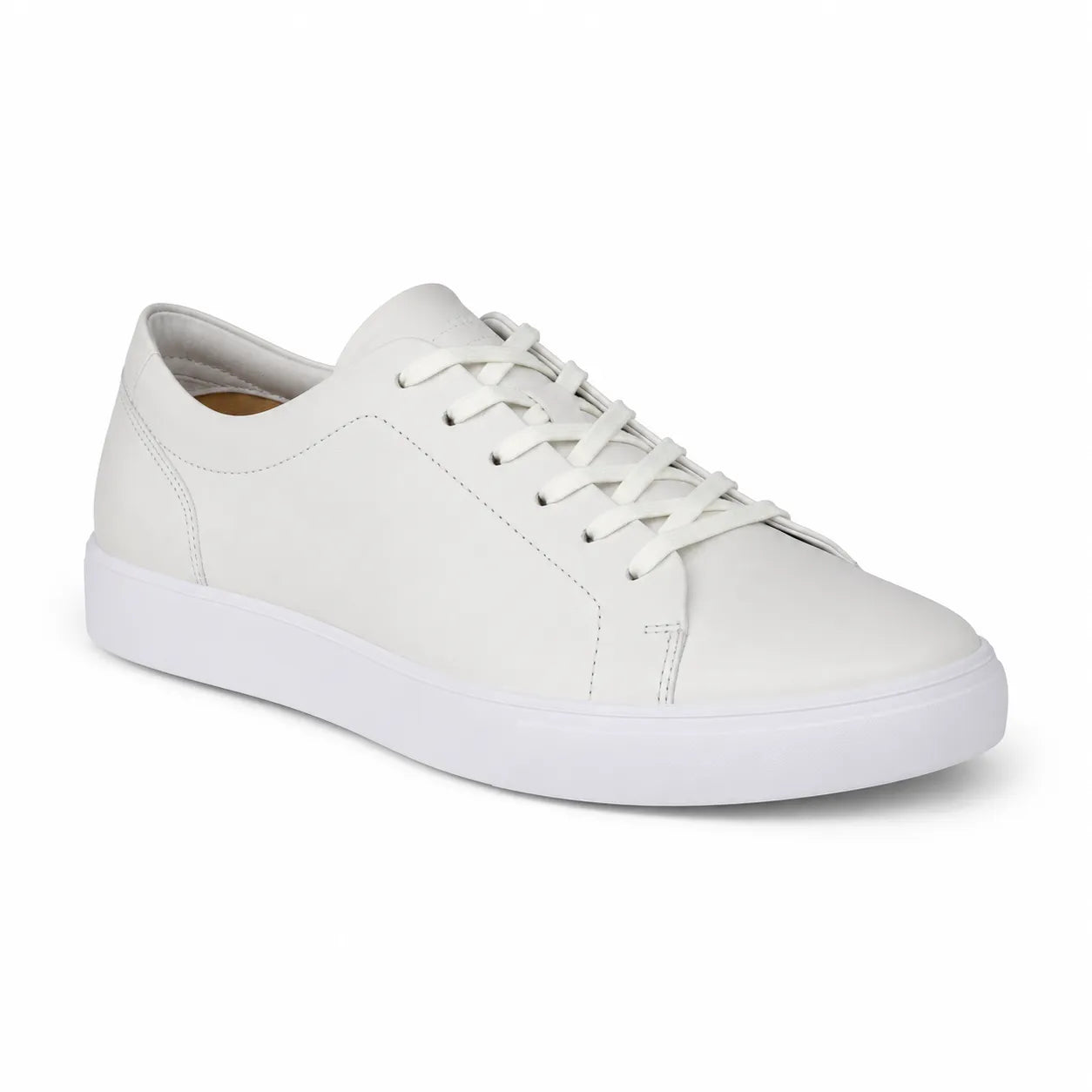 Men's leather lace-up sneakers, white with smooth paneling and white rubber sole