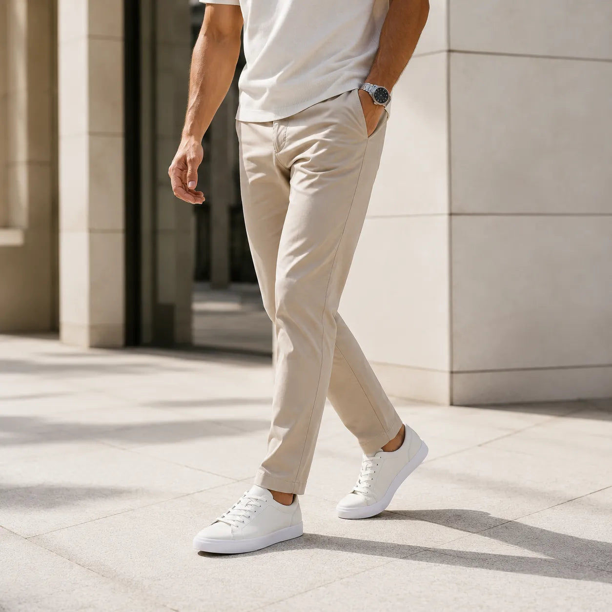 Men's leather lace-up sneakers on feet, white uppers with contrast white laces