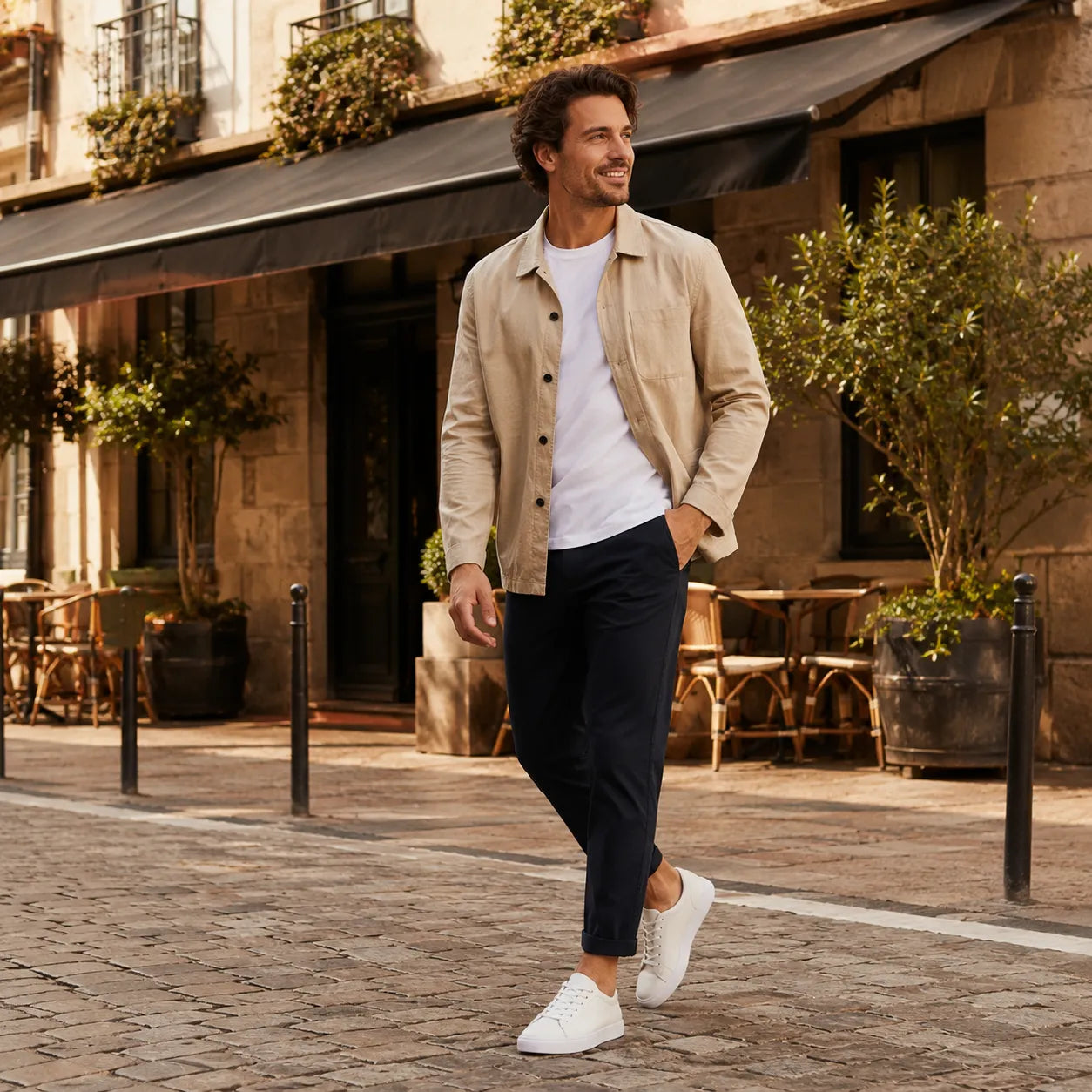Men's leather lace-up sneakers on feet, white low-top style with lace closure