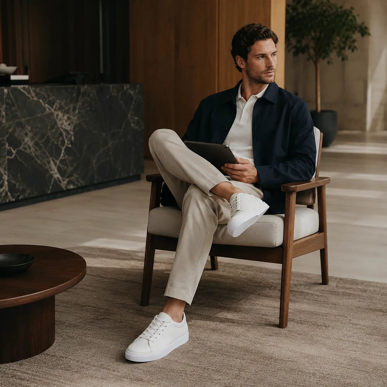 Men's leather lace-up sneakers worn with light trousers, white with cupsole profile