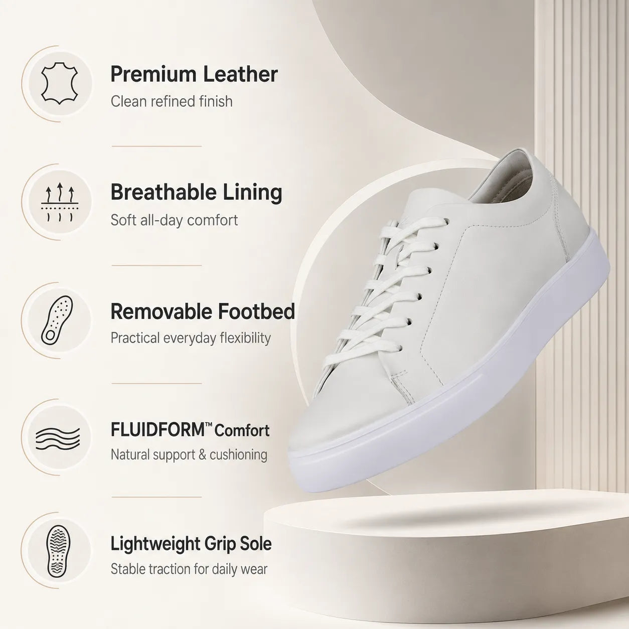 Men's leather lace-up sneakers, white with perforation-free side panels and grippy sole