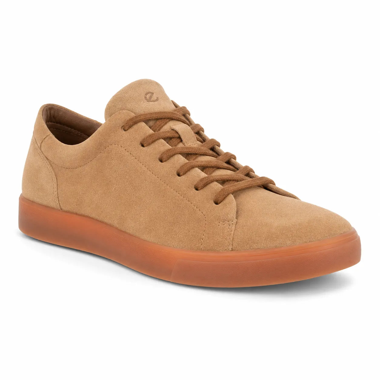 Men's suede lace-up sneakers, tan-brown uppers with lace-up front and rubber sole