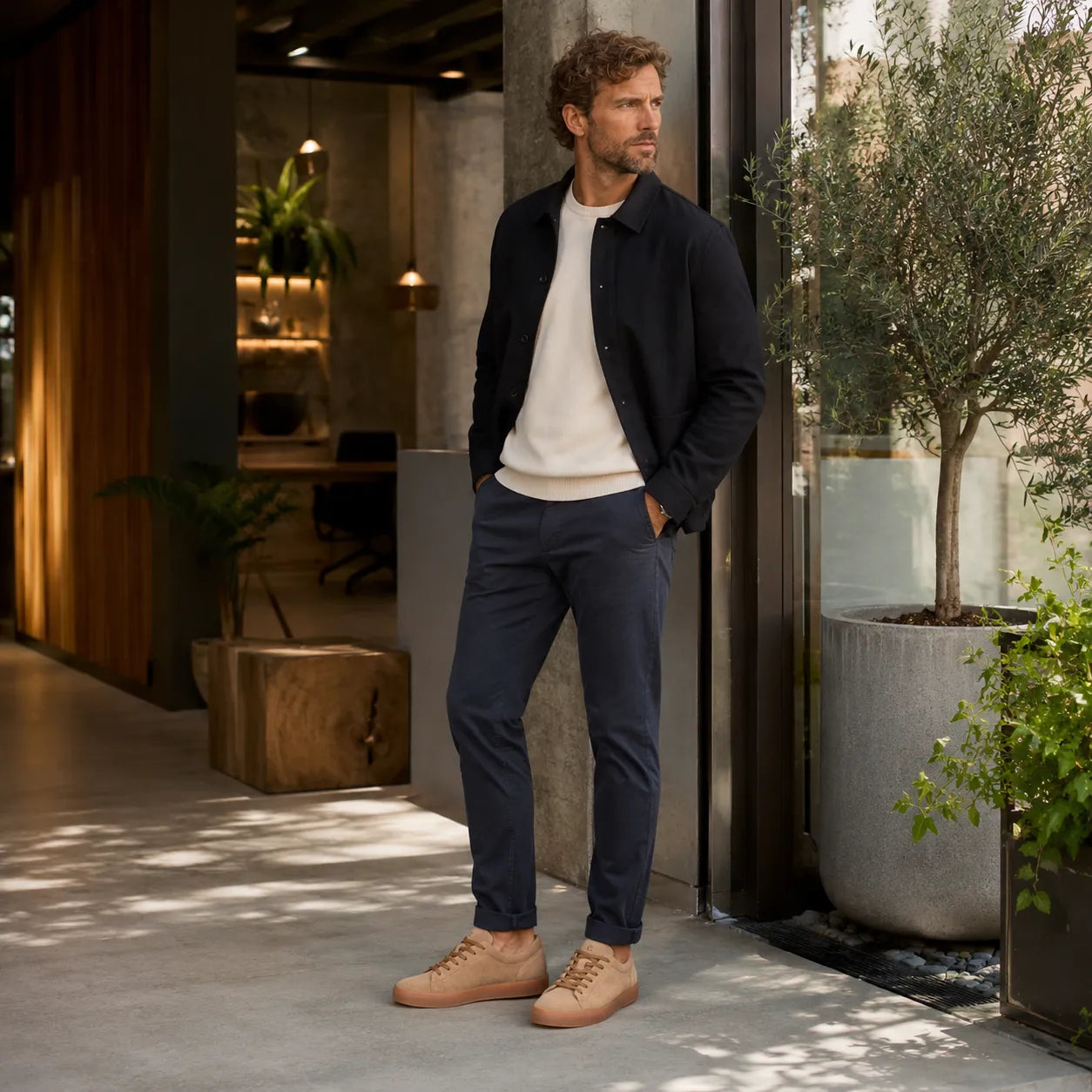 Men's suede lace-up sneakers worn with dark pants, tan-brown uppers and gum sole