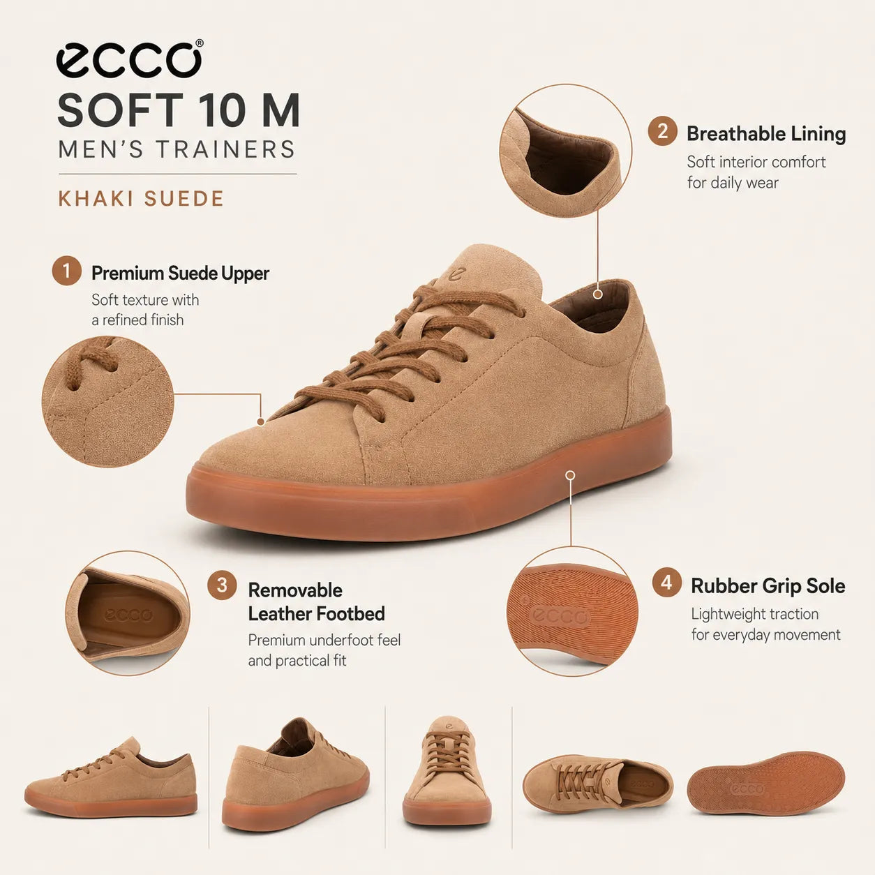 Men's tan suede lace-up sneakers with rubber grip sole and cushioned footbed