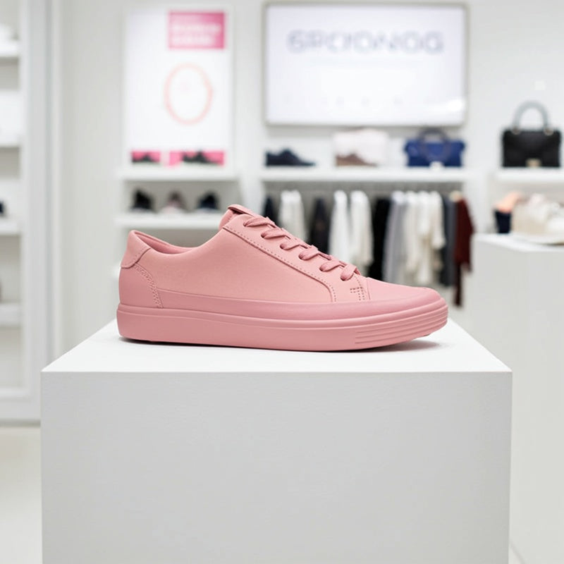 Pink women's lace-up leather sneaker on a display with low-profile rubber sole