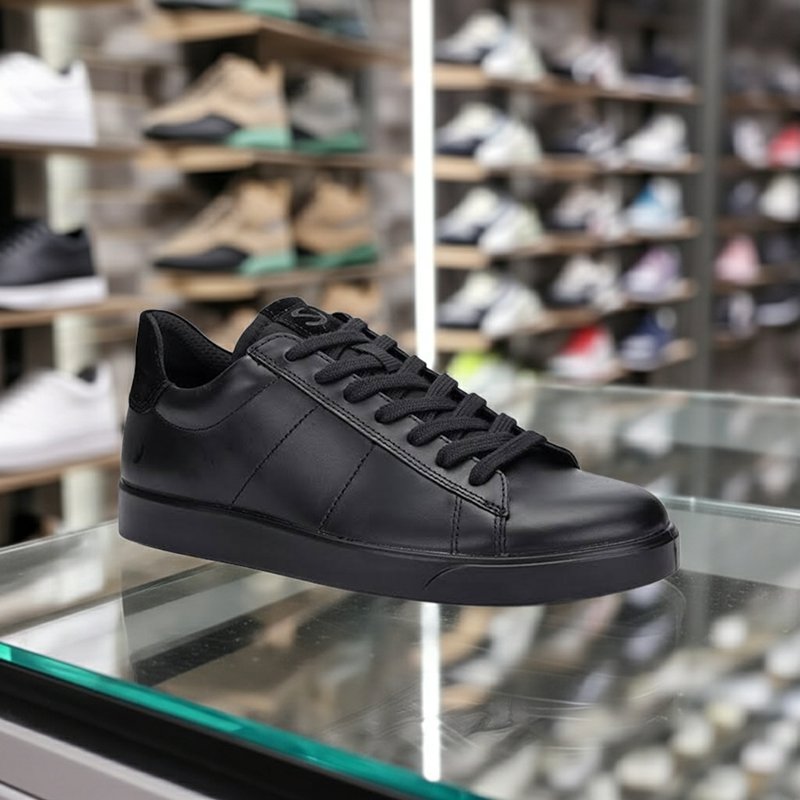 Men's leather sneakers, black, side view with lace-up and padded collar