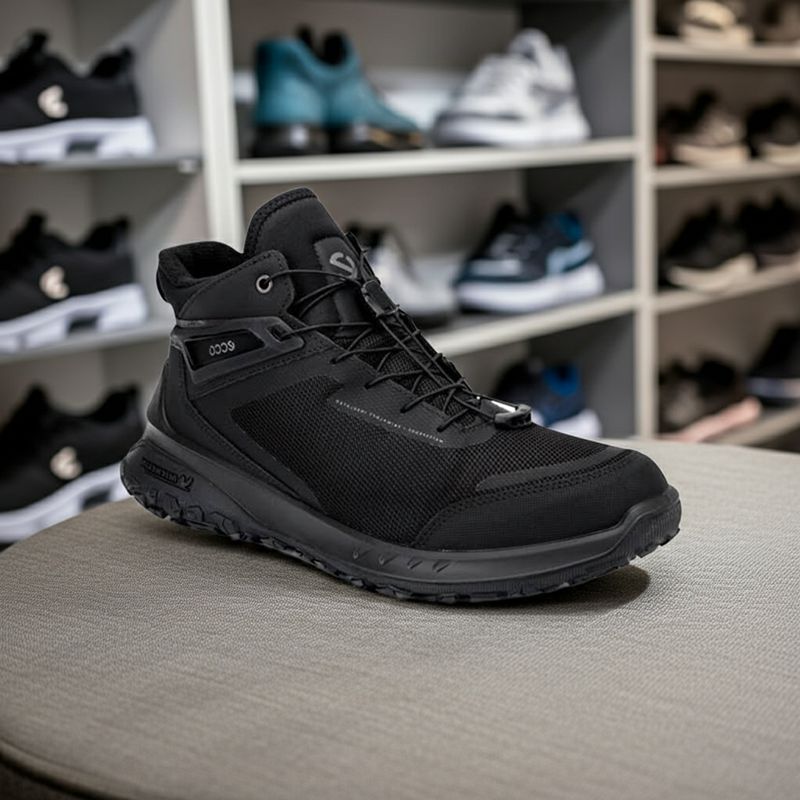 Black men's high-top sneaker on a store shelf, lace-up front and tread sole
