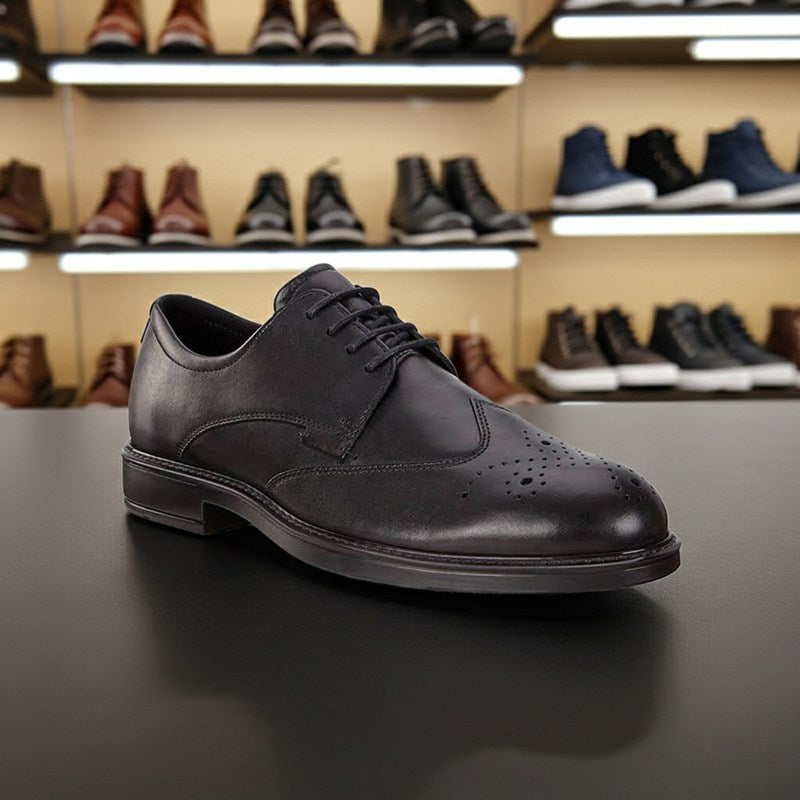 Men's black leather lace-up formal shoes on store display